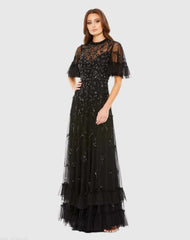 Black Floral Embellished Flutter Sleeve A-Line Gown