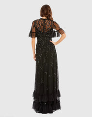 Black Floral Embellished Flutter Sleeve A-Line Gown
