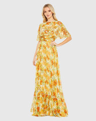 Yellow High Neck A-Line Floral Gown with Cape Sleeves - FINAL SALE