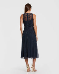 Navy High Neck Sleeveless Embellished A Line Cocktail Dress