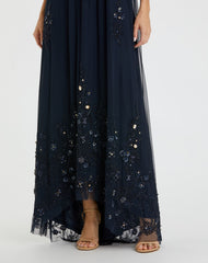 Navy High Neck Floral Embellished Trapeze Gown