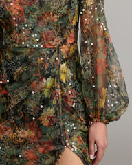 Black Multicolor Floral Sequined Puff Sleeve Gown