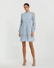 Blue Floral Long Sleeve Micro Ruffle Mini Dress
