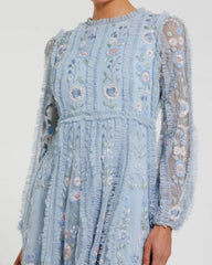 Blue Floral Long Sleeve Micro Ruffle Mini Dress
