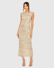 Beige Sleeveless Embellished Dress With Fringe Hem