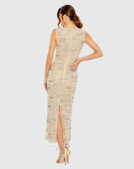 Beige Sleeveless Embellished Dress With Fringe Hem