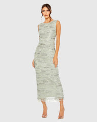 Green Sleeveless Embellished Dress With Fringe Hem