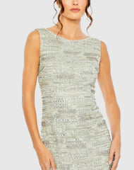 Green Sleeveless Embellished Dress With Fringe Hem