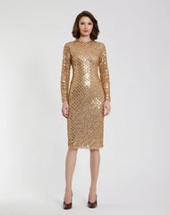 Gold Beaded Georgette Long Sleeve Fitted Midi Dress - FINAL SALE