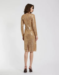 Gold Beaded Georgette Long Sleeve Fitted Midi Dress - FINAL SALE