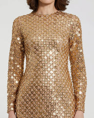 Gold Beaded Georgette Long Sleeve Fitted Midi Dress - FINAL SALE
