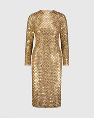 Gold Beaded Georgette Long Sleeve Fitted Midi Dress - FINAL SALE