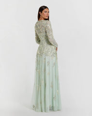 Green Pearl Embellished Long Sleeve Gown