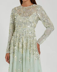 Green Pearl Embellished Long Sleeve Gown