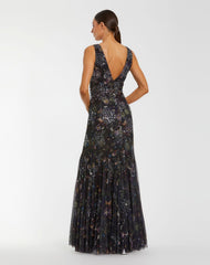 Black Embellished Floral Sleeveless V-Back Gown