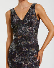 Black Embellished Floral Sleeveless V-Back Gown