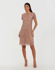 Beige Embellished Short Sleeve Shift Dress