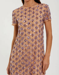 Beige Embellished Short Sleeve Shift Dress