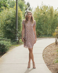 Beige Embellished Short Sleeve Shift Dress