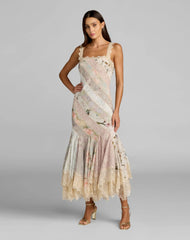 Multicolor Floral Chiffon Midi Dress With Lace Trim