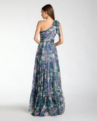 Petite Purple One Shoulder Floral Printed Chiffon Side Cut Out Gown