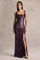 High Life | Plum Sequin Square-Neck Maxi Dress With Front-High Split