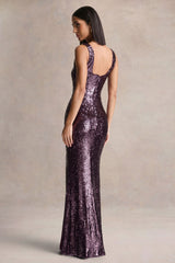 High Life | Plum Sequin Square-Neck Maxi Dress With Front-High Split