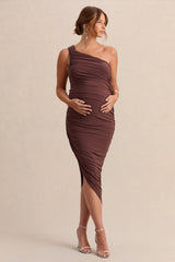 Late Night | Brown Maternity Ruched One Shoulder Midi Dress