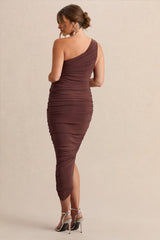 Late Night | Brown Maternity Ruched One Shoulder Midi Dress