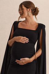 Flawless | Black Square-Neck Maternity Midi Dress With Cape-Sleeves
