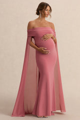 Carlotta | Blush Pink Bardot Maternity Maxi Dress With Chiffon Cape