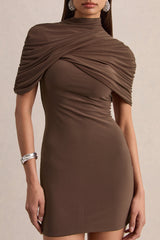 Perdi | Brown Bodycon Mini Dress With Twisted Cape