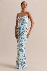 Ali | Blue Porcelain Print Sweetheart Ruched Wrap Maxi Dress