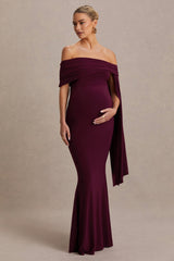Aquila | Burgundy Bardot Maternity Maxi Dress With Draped Detail