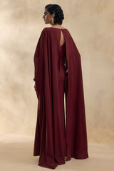 Pristina | Burgundy Boat-Neck Woven Maxi Dress With Cape Detail