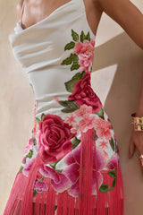 Bejewelled | Cream and Pink Floral Cowl-Neck Maxi Dress With Fringe Hem