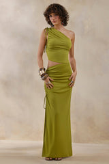 Margie | Green Maxi Skirt With Ruched Detail And Front High Split