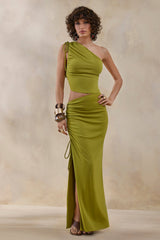 Margie | Green Maxi Skirt With Ruched Detail And Front High Split
