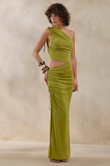 Margie | Green Maxi Skirt With Ruched Detail And Front High Split