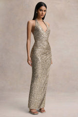 Gio | Champagne Sequin Plunge-Neck Wrap Maxi Dress With Ruched Detailing