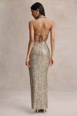 Gio | Champagne Sequin Plunge-Neck Wrap Maxi Dress With Ruched Detailing