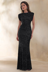 Aurah | Black Sequin Crew-Neck Maxi Dress With Cap Sleeves