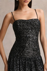 Allora | Black Sequin Square-Neck Maxi Dress With Pleated Skirt