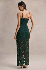 Hada | Dark Green Satin Devore Square-Neck Maxi Dress With Removable Twisted-Cape
