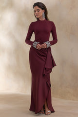 Starred | Burgundy Crew-Neck Maxi Dress With Drop-Waist And Satin Wrap-Skirt