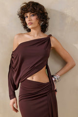 Layla | Brown Asymmetric-Neck Wrap Maxi Dress With Body Cut-Out And Ruched Detailing
