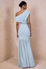 Kady | Powder Blue Asymmetric-Neck Maxi Dress With Ruched Detailing