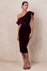 High End | Burgundy Velvet Asymmetric-Neck Midi Dress With Draped Detailing