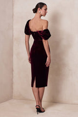 High End | Burgundy Velvet Asymmetric-Neck Midi Dress With Draped Detailing
