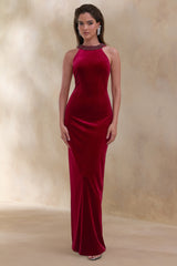Darya | Burgundy Velvet Embellished High-Neck Maxi Dress